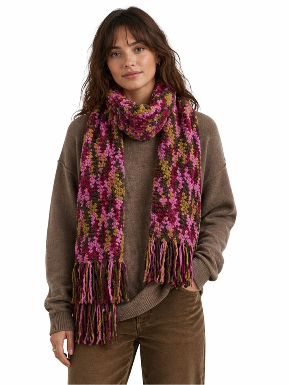Handknit Crochet Scarf With Fringe Multicolored Vibrant Warm Cozy
